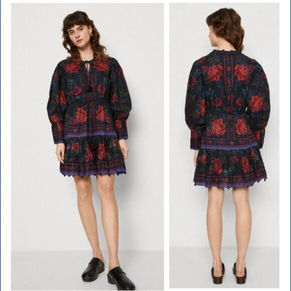 FARM Rio Mini Dress S Black Flower Tapestry Teal Floral Cottagecore Summer - Picture 2 of 16